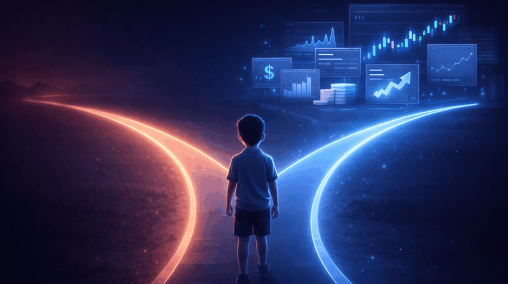 boy at crossroads choosing future path with financial charts symbolizing success and life decisions