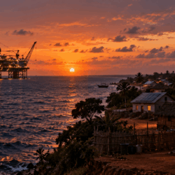 Tanzania LNG offshore platform vs solar village — energy transition governance crossroads illustration